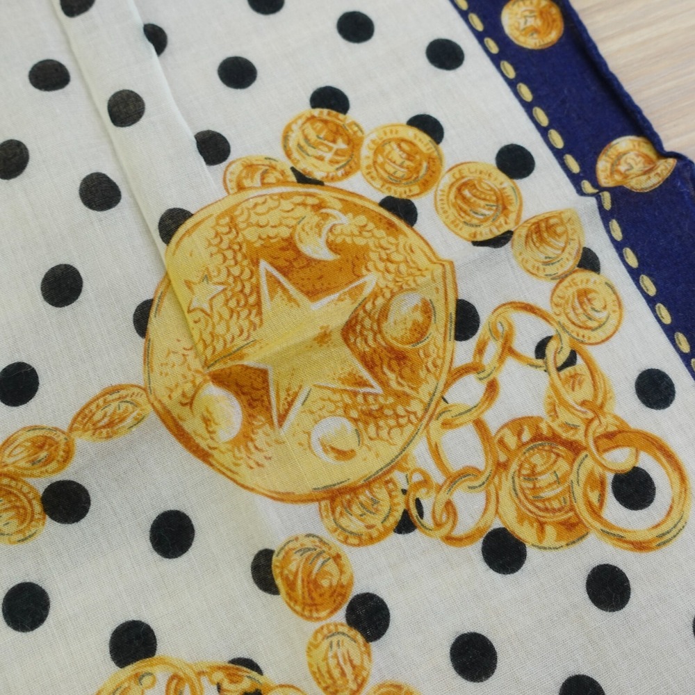 90s VTG CELINE Paris Handkerchief Blue Gold Medallion Chain Dots AUTH Luxe 17x17 - Picture 3 of 11